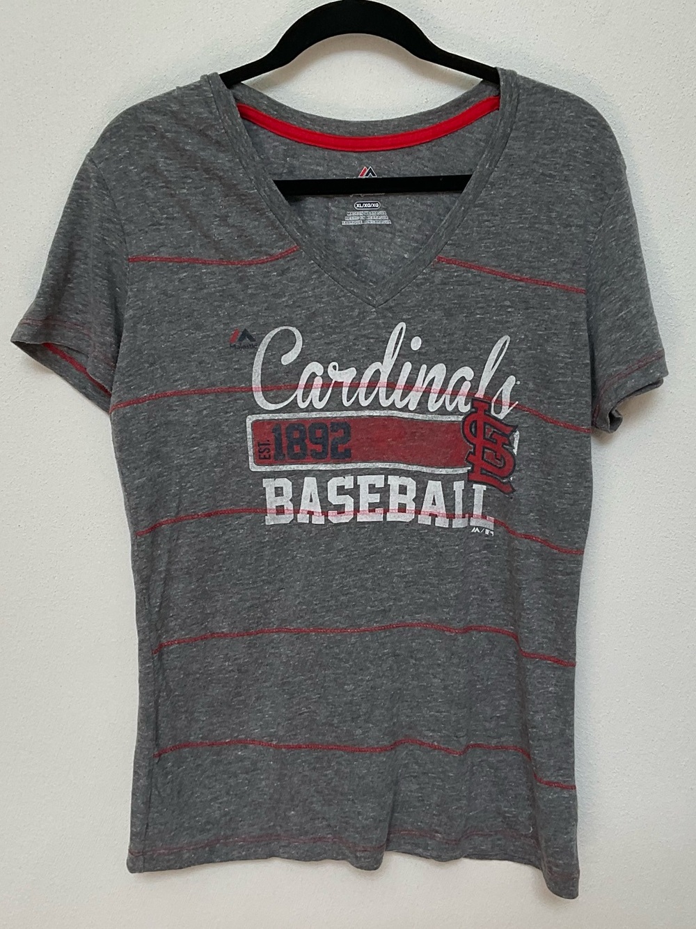 Majestic Grey, Red Striped STL Cardinals Baseball Short Sleeve Top Size XL MLB